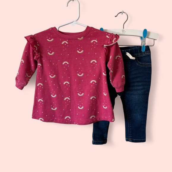 6M Infant Babygirl Okie Dokie 2 Piece Outfit. Sweater & Denim Joggers - Picture 1 of 8